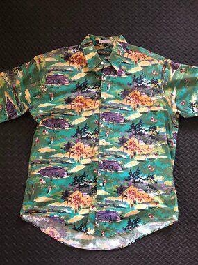 VINTAGE LINKSPORT SHORT SLEEVE BUTTON DOWN HAWAIIAN STYLE GOLF PRINT SHIRT L